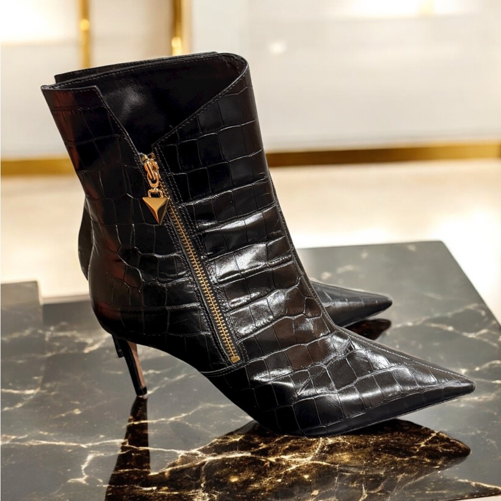 Sleek Black Croc-Embossed Ankle Booties size 10